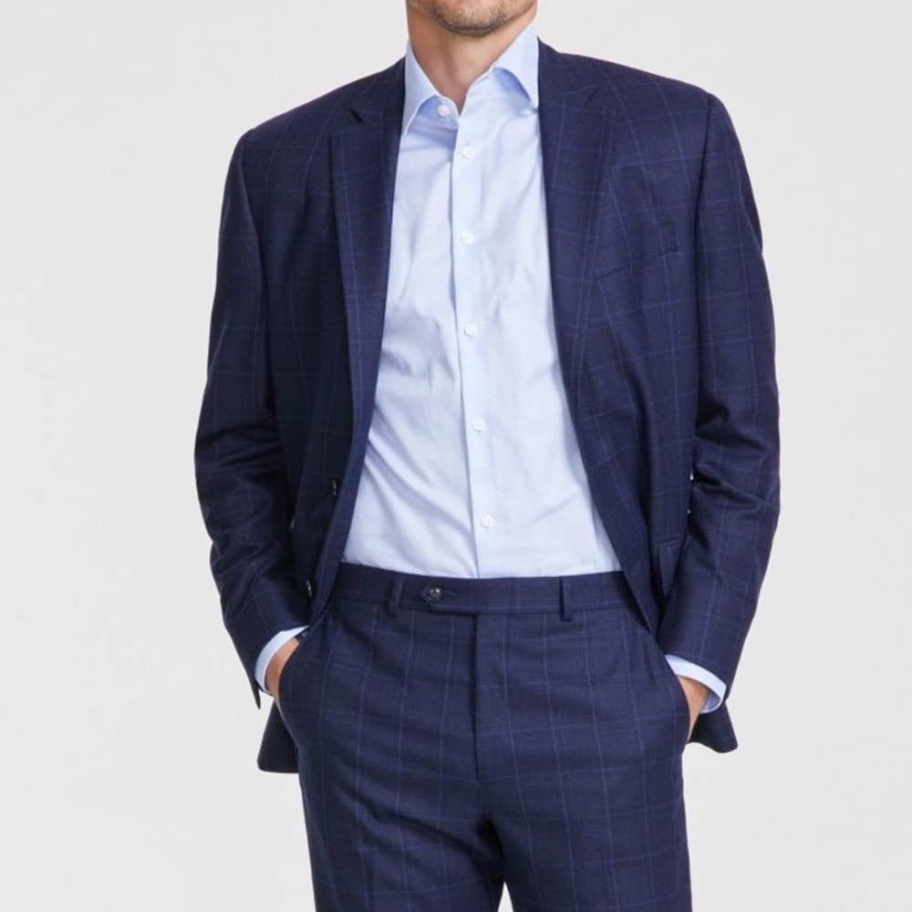 Michael Kors Men's Classic-Fit Wool-Blend Plaid Suit Pants Midnight 44x30 $200